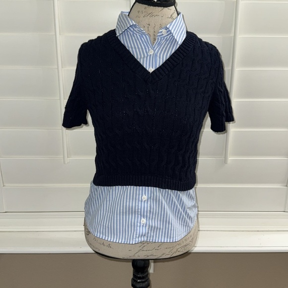 Maeve Tops - Maeve Anthropology Cable Short Sleeve Twofer Sweater Navy